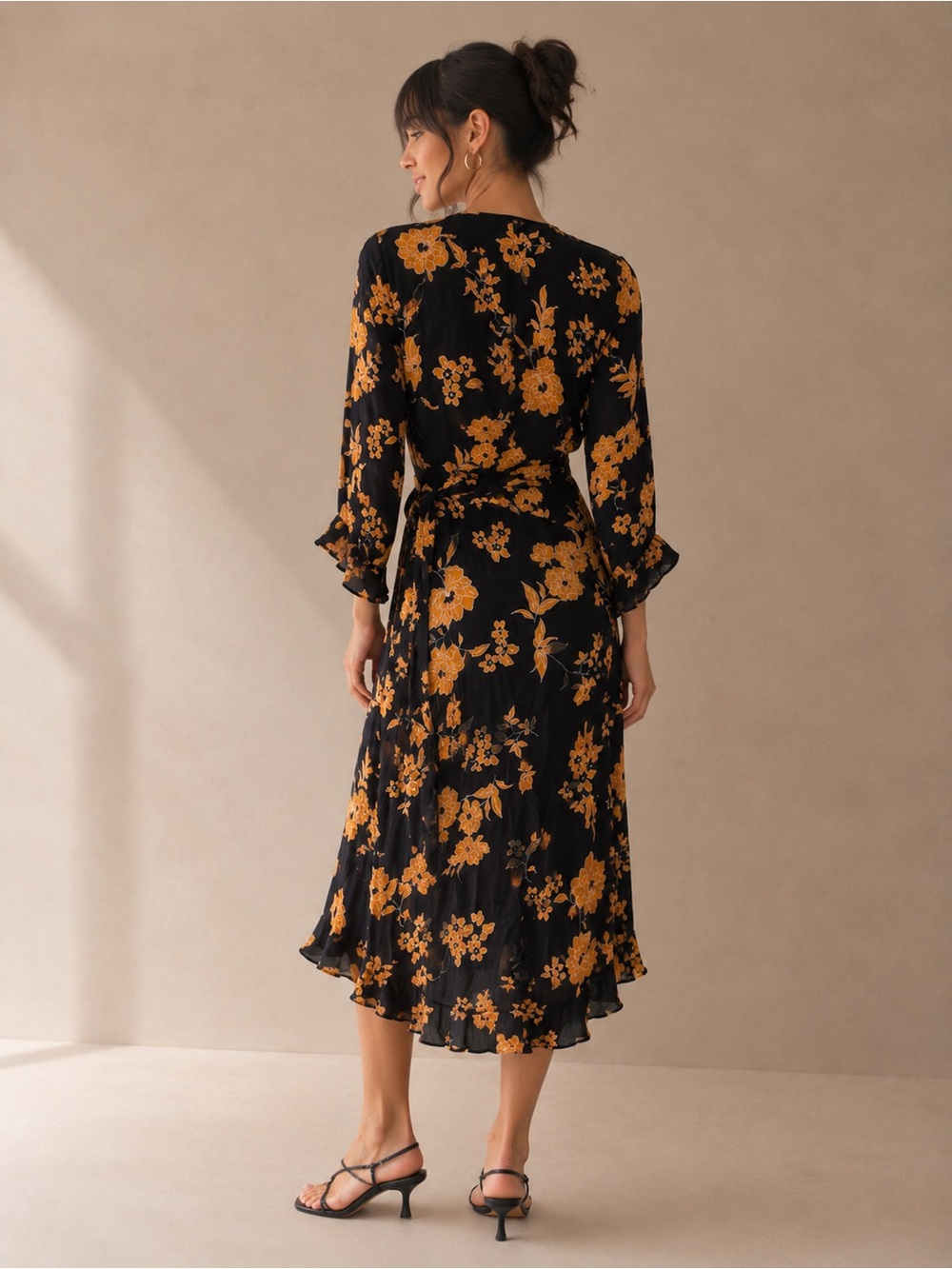 Miss Selfridge Black and Mustard Floral Wrap Midi Dress Size 8 - Picture 2 of 5
